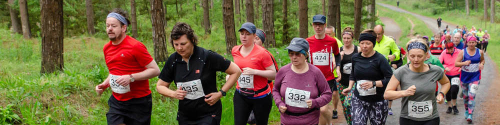 A group of runners ion a forest trail in Newborough Forest, Anglesey, North Wales.