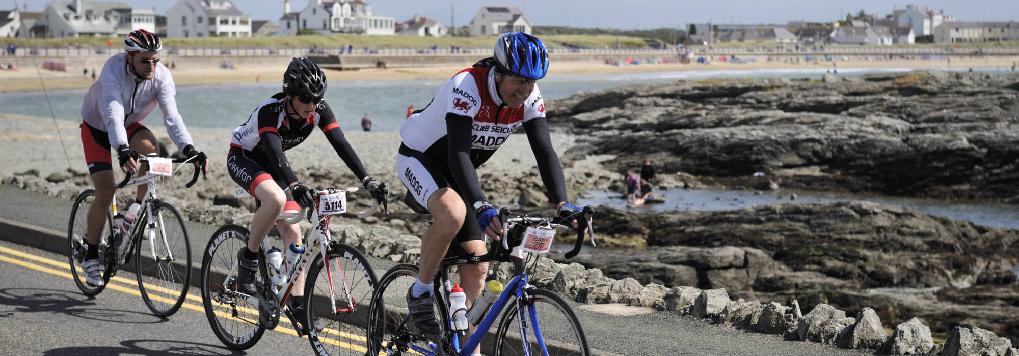 Tour de Mon riders in Trearddur Bay, Anglesey
